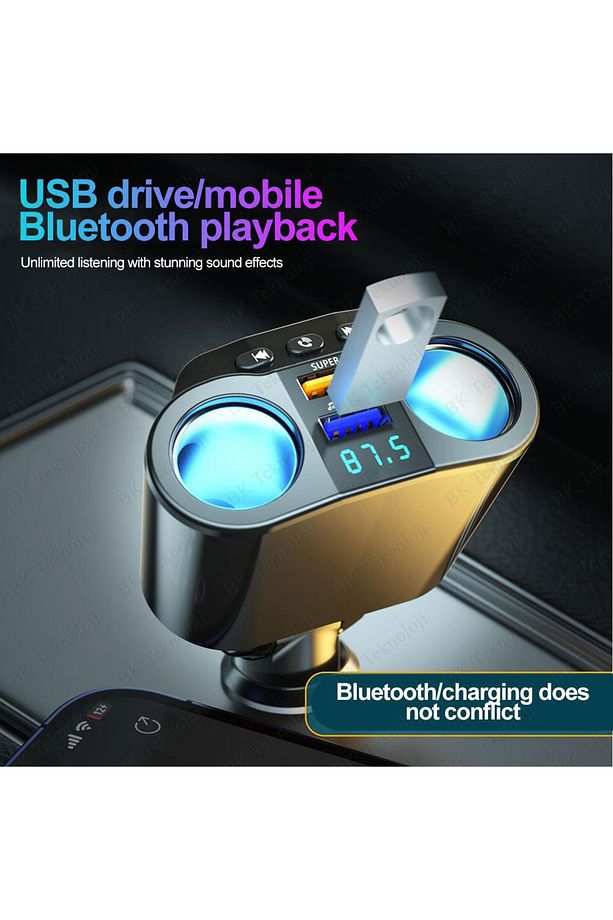 Bluetooth Araç Kiti Şarj Cihazı Transmitter Mp3 Çalar Araç FM Çakmak Şarj Cihazı - 2