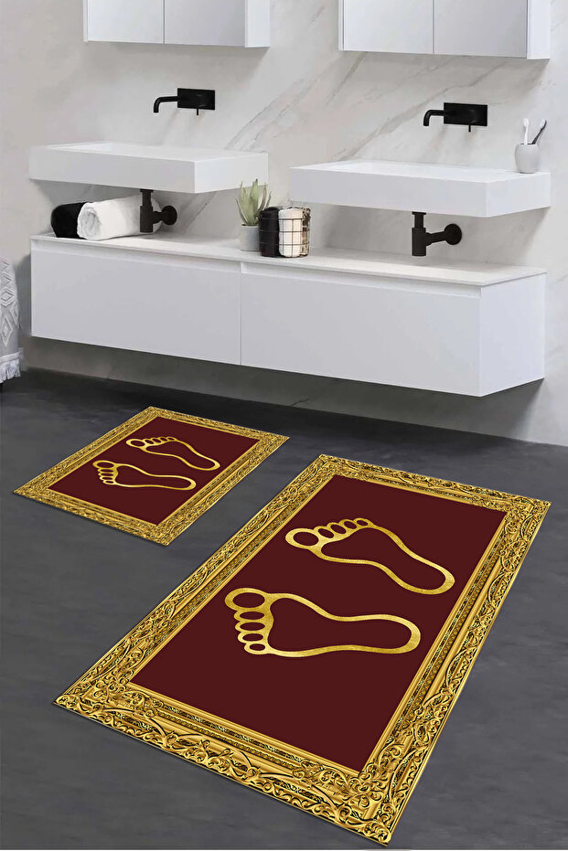 Digital Non-Slip Washable Footprint Pattern Bathroom Mat 2-Piece Toilet Set Carpet - 4