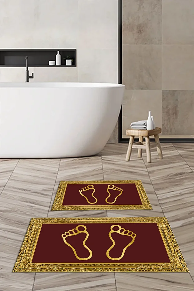 Digital Non-Slip Washable Footprint Pattern Bathroom Mat 2-Piece Toilet Set Carpet - 2
