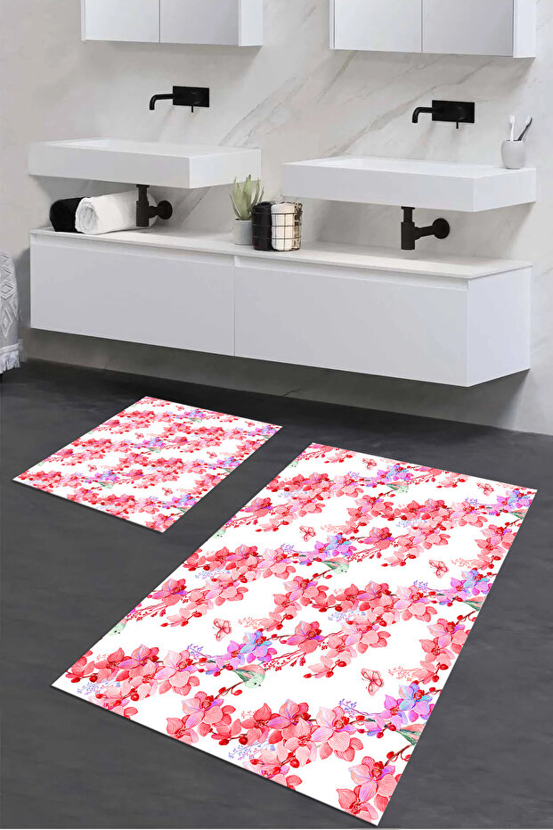 Printed Non-Slip Washable Flower Pattern Bath Mat 2-Piece Toilet Set Carpet