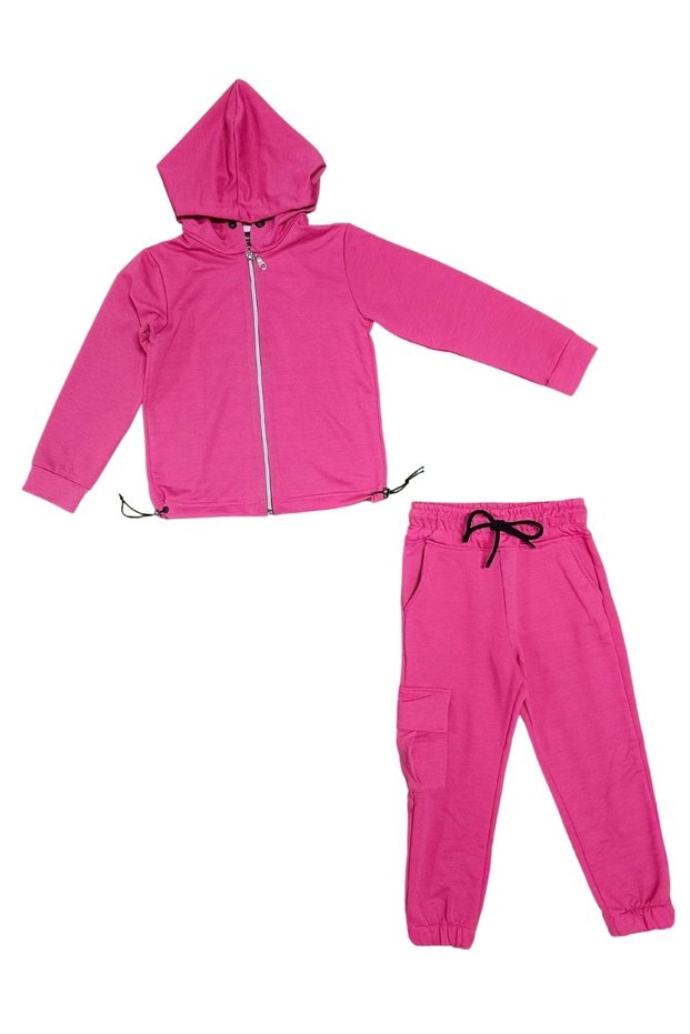 Hooded Zippered Waistband with Rubber Detail Girls' Casual Tracksuit Set 2 Yarns Mnk0664 Fuchsia