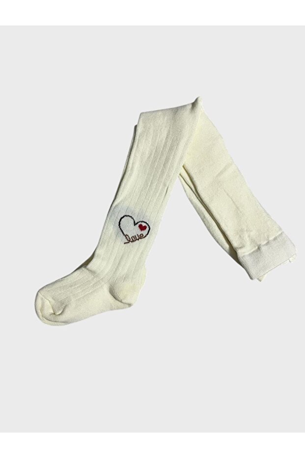 Girl's Cotton Ecru Washed Perfumed Heart Patterned Striped Pantyhose