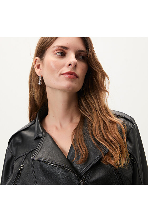 Allayna Siyah Kadın Deri Biker Ceket - 3