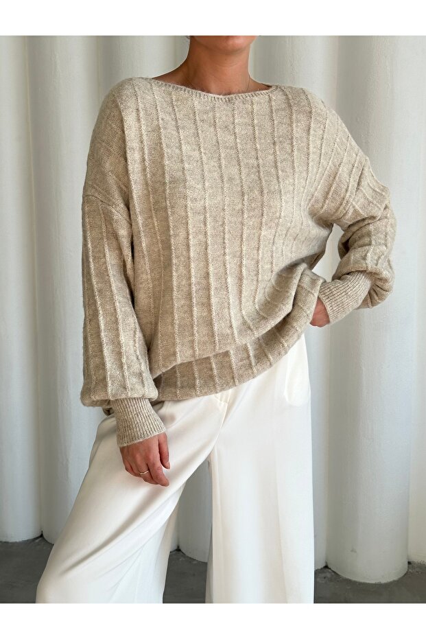 Pulover oversize cu coaste bej deschis - 2