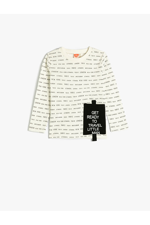 T-Shirt Long Sleeve Crew Neck Printed Pocket Detail Cotton