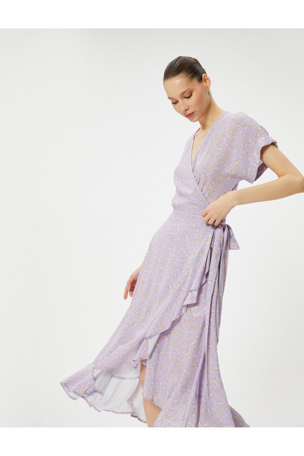 Floral Double Breasted Dress Maxi Length Ruffled Short Sleeve V-Neck Viscose Fabric