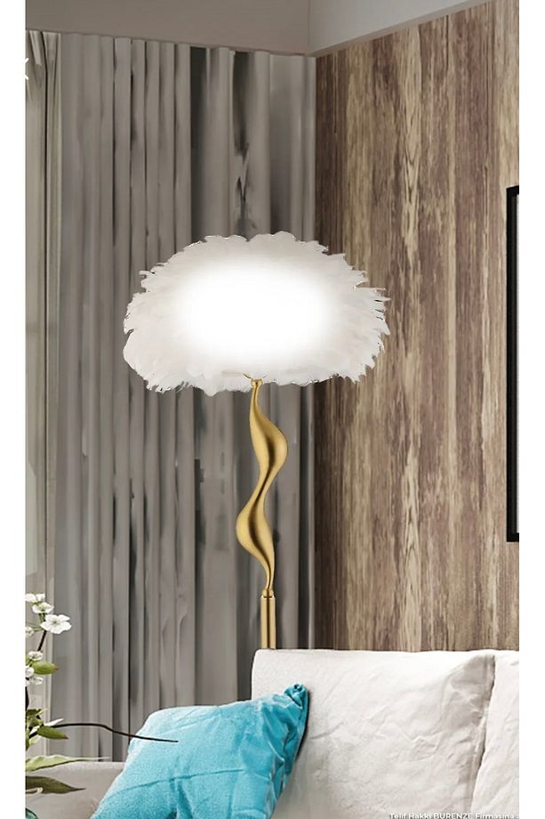 Modern Tüy Lambader Kuğu Tüylü Lambader Swan Eskitme Gold Ayaklı Lambader Şık Görsellik Katar - 1