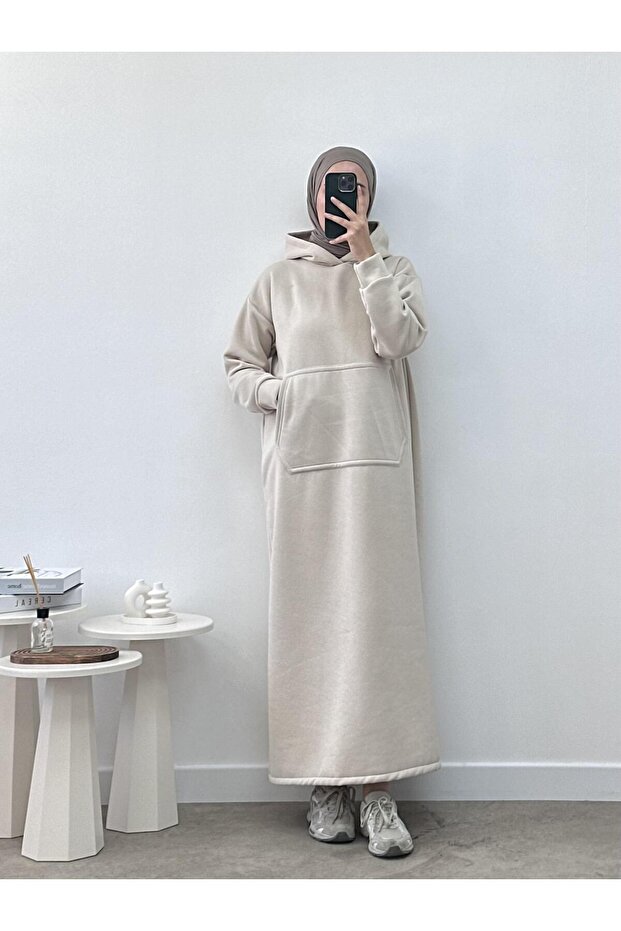 Kapüşonlu Taş Rengi Kışlık Sweat Elbise - 1