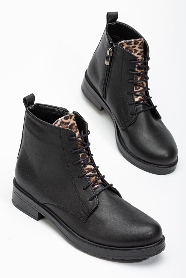 165-225 Black Leopard Lace up Zippered Daily Women's Boots
