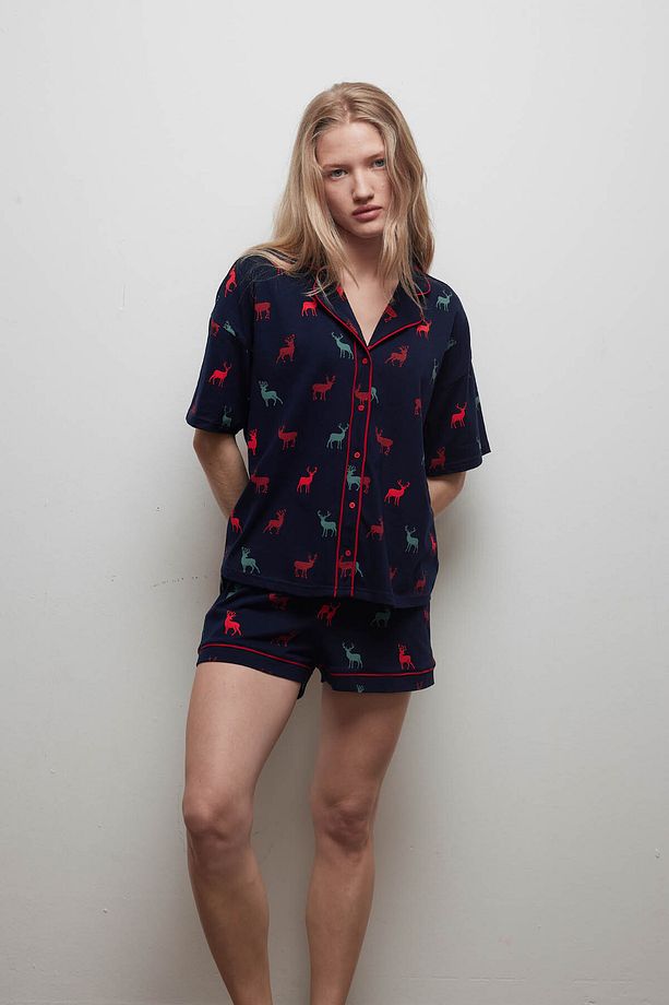 Kadın Pamuklu Kısa Kollu Gömlek Pijama Üstü - 2