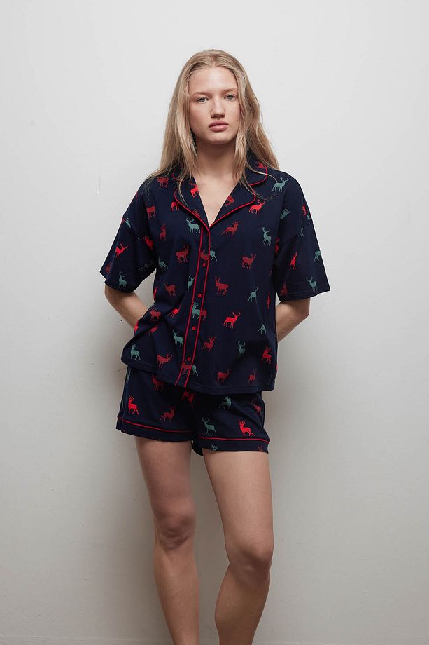 Kadın Pamuklu Kısa Kollu Gömlek Pijama Üstü - 3