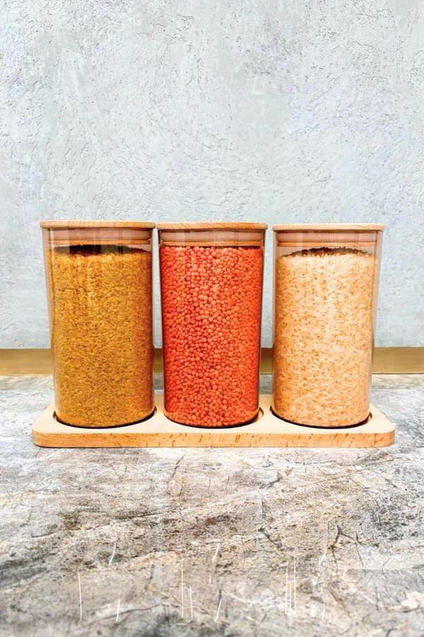 Ahşap Kapaklı 3'lü Standlı ve Vakumlu Çay, Kahve, Şeker, Bakliyat Kavanoz Seti Mika 1 lt Pembe - 6