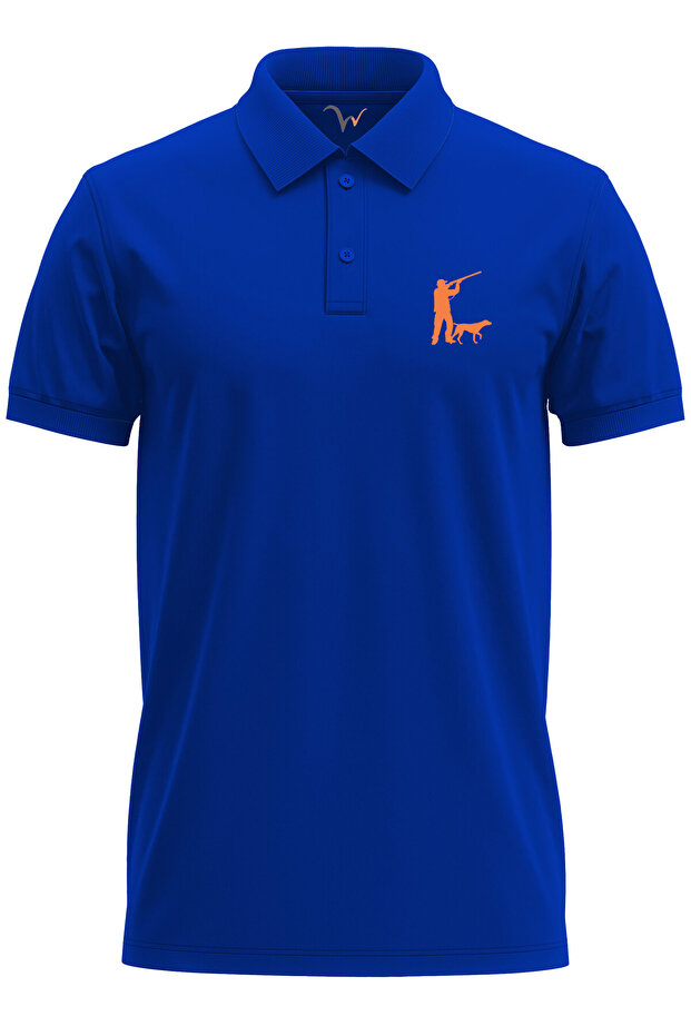 Hunting Hunter and Hunting Dog Design Printed Cotton Regular Fit Polo Blue T-Shirt