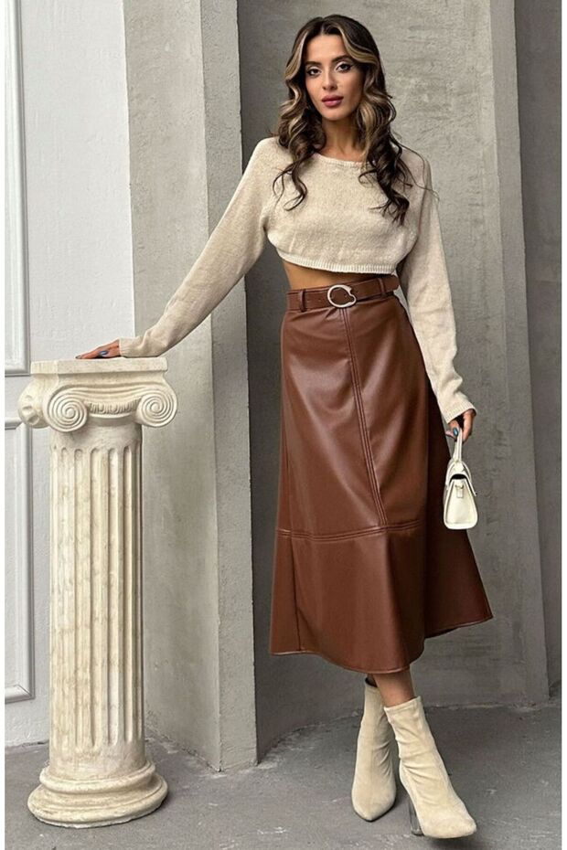 Kemerli Suni Deri Basic Etek - 2