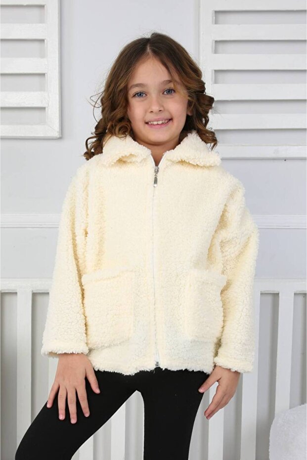Girl's Cream Zipper Plush Cardigan with Pockets