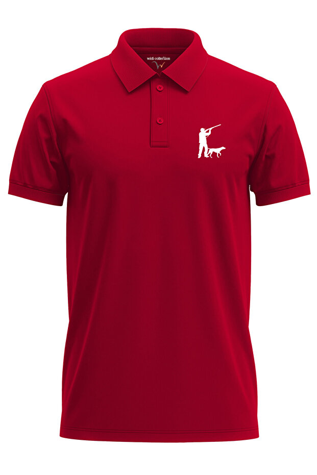 Hunting Hunter Hunter and Hunting Dog Design Printed 100% Cotton Regular Fit Polo Red T-Shirt