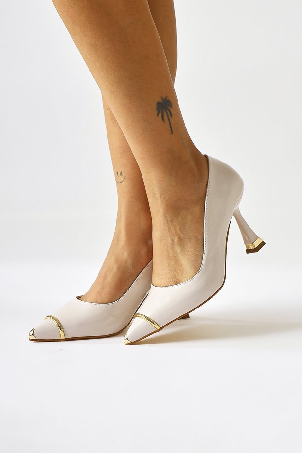 Lelia Beige Patent Leather Metal Toe Detailed Heeled Women's Shoes