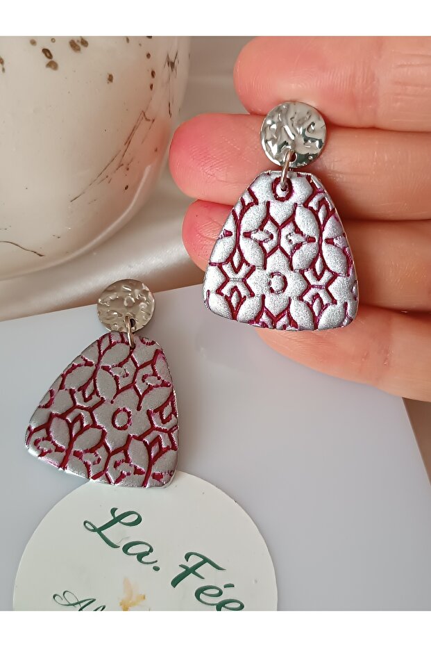 Burgundy Intermediate Color Detail Metallic Gray - Silver Color Steel Earring with Pin Dangle Model Polymer Clay Earring
