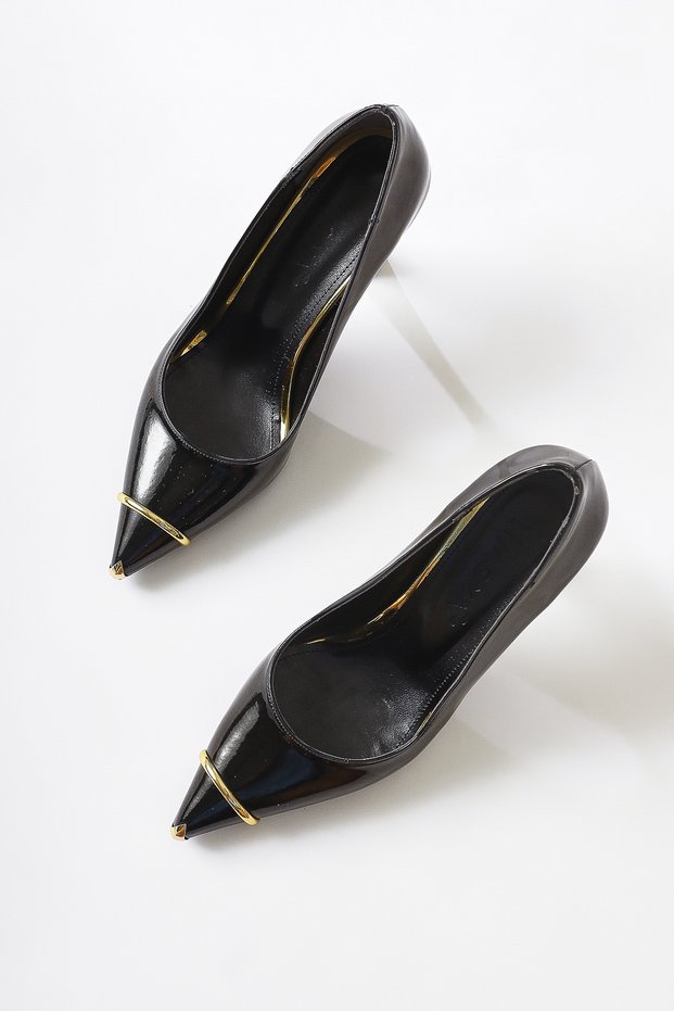 Lelia Black Patent Leather High Heel Women's Shoes with Metal Toe Detail