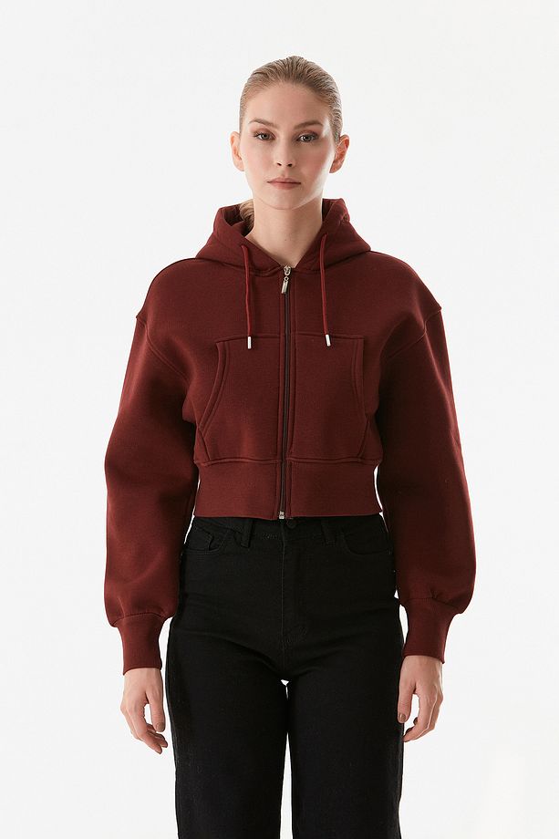 3 İplik Basic Kapüşonlu Crop Sweatshirt - 8