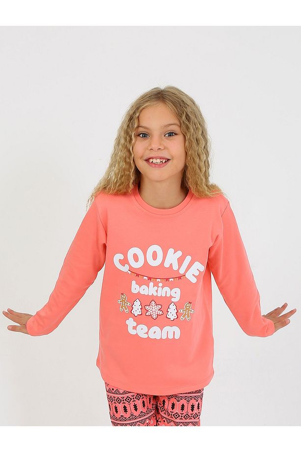 Kız Çocuk Uzun Kollu %100 Pamuklu Yılbaşı Pijama Takımı Cookie Team - 1
