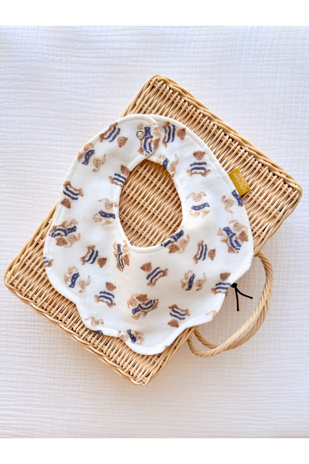 Organic Cotton Double Layer Blue Teddy Bear and Rabbit Patterned Muslin Apron