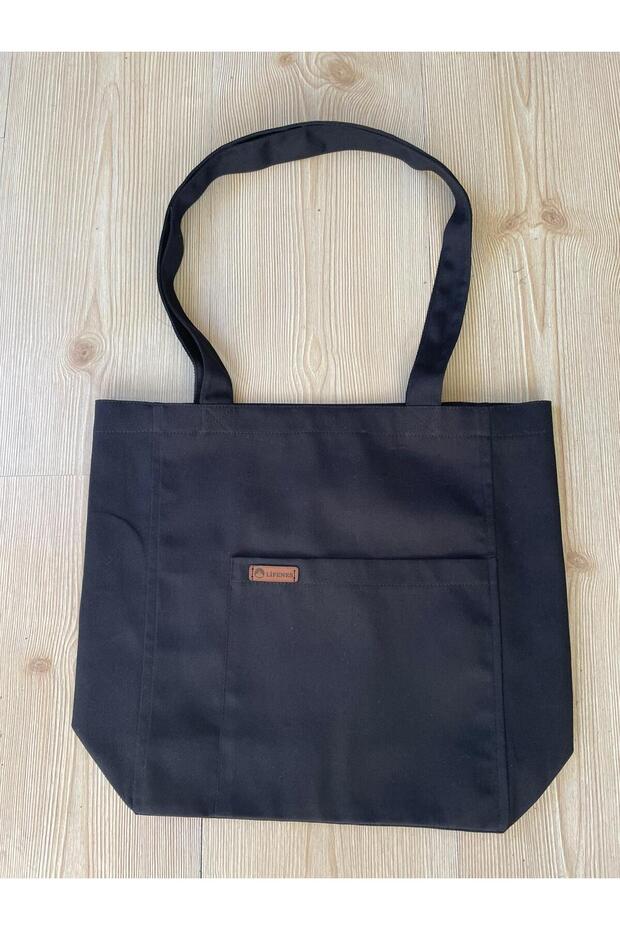 Black Raw Fabric Tote Tote Shoulder Bag with Pocket Detail