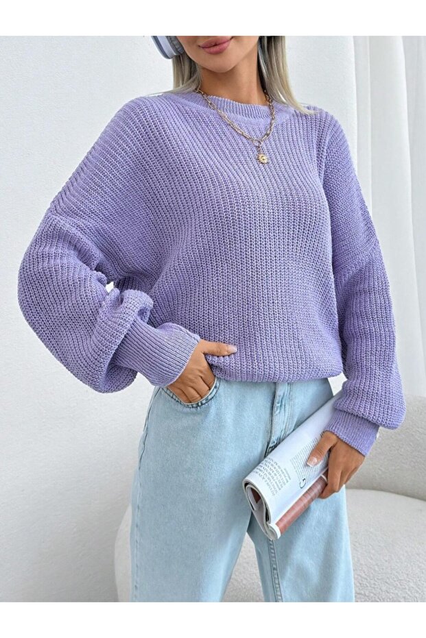 Lila Kadın Oversize Triko Kazak - 3