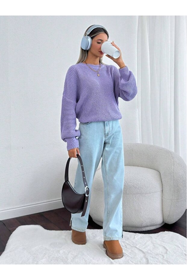 Lila Kadın Oversize Triko Kazak - 6