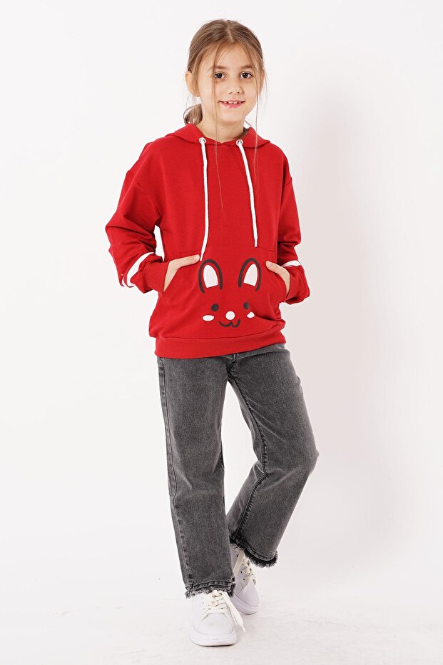 Hooded Long Sleeve Red Color Girl's Sweatshirt