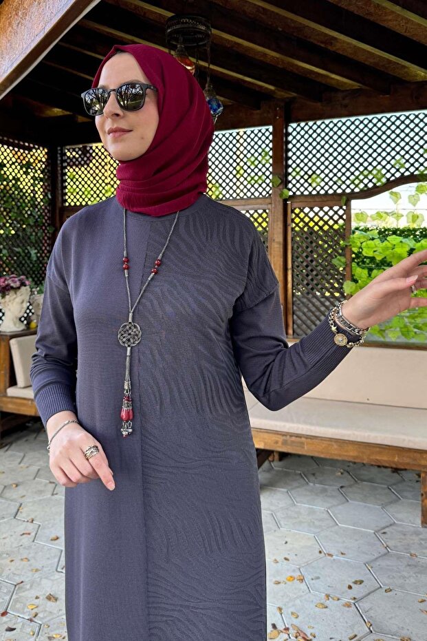 Zebra Desen Triko Elbise Antrasit - 4