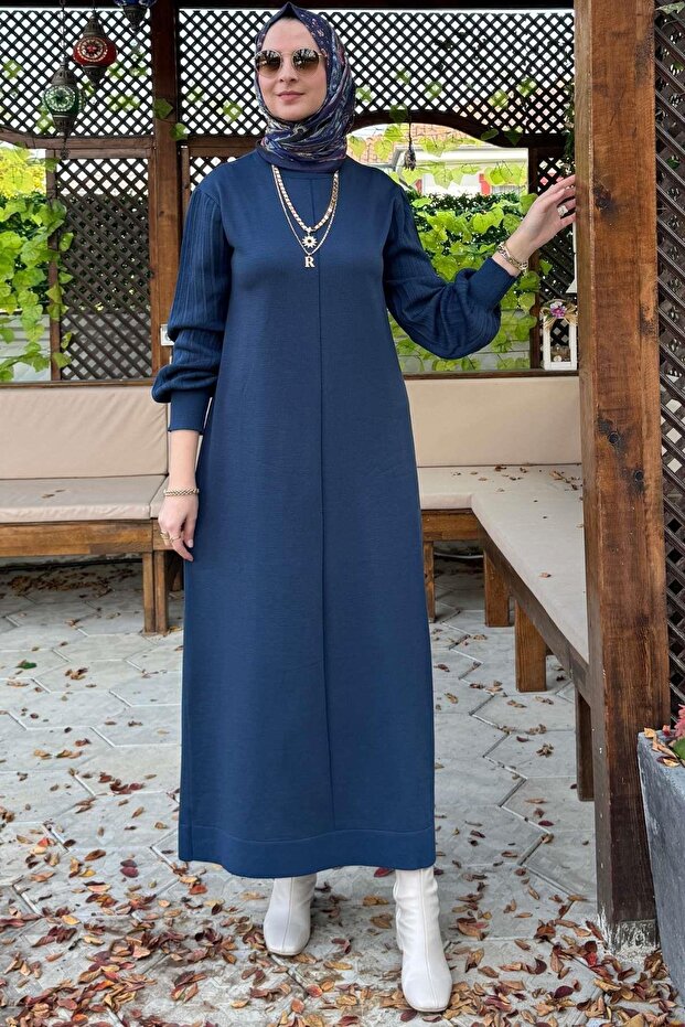 Ecem İndigo Triko Elbise - 7