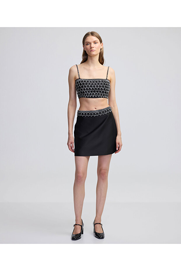 Kristal taş işlemeli mini etek - 1