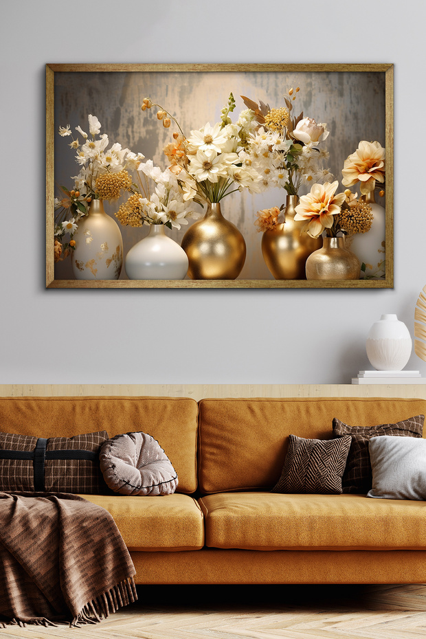 Gold Vazoda Çiçekler Tek Parça Gold Çerçeveli Kanvas - Canvas Tablo - 3