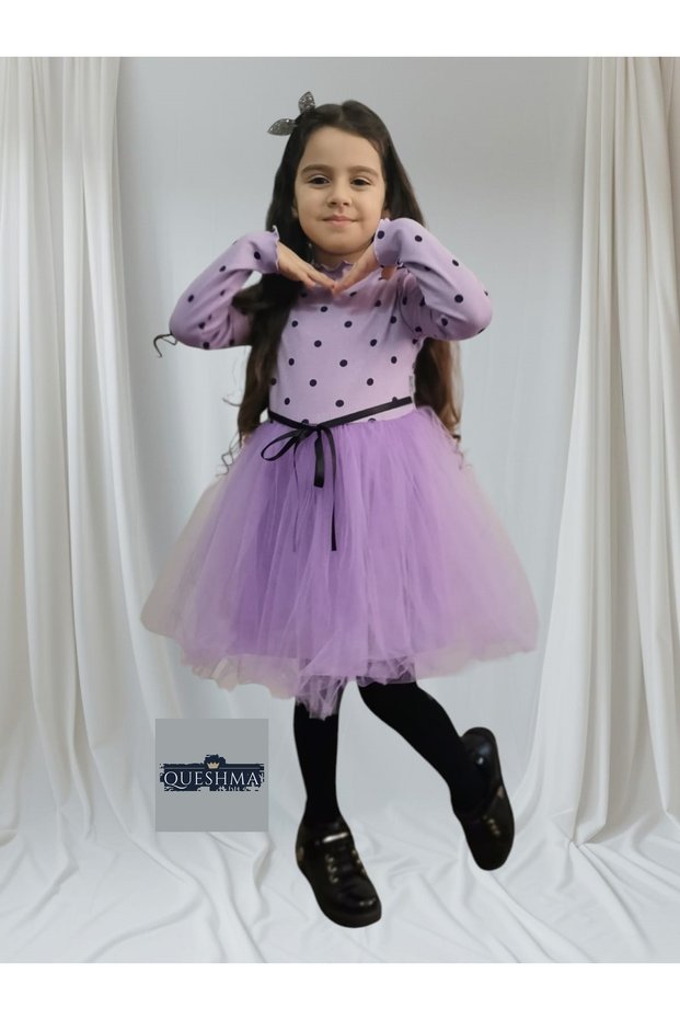 Baby Girl Child Princess Fluffy Tutu Dress Polka Dot Long Sleeve Flexible Lycra Lilac