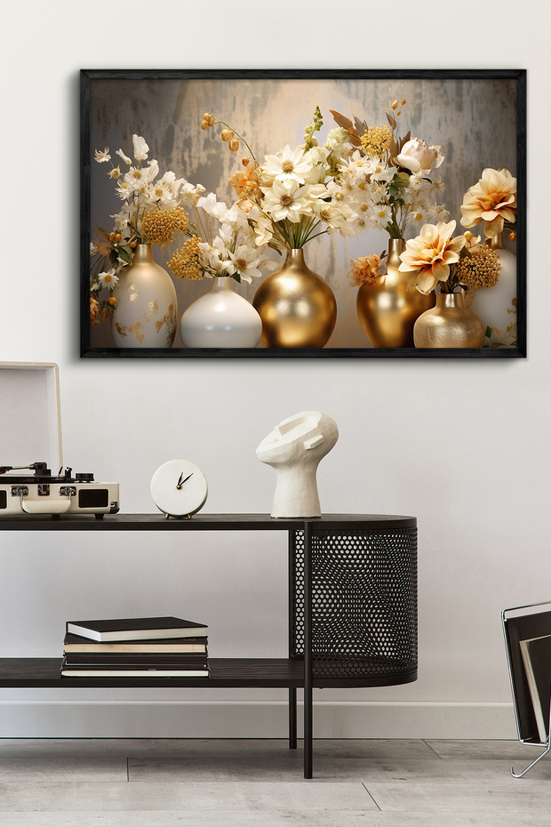 Gold Vazoda Çiçekler Tek Parça Siyah Çerçeveli Kanvas - Canvas Tablo - 4