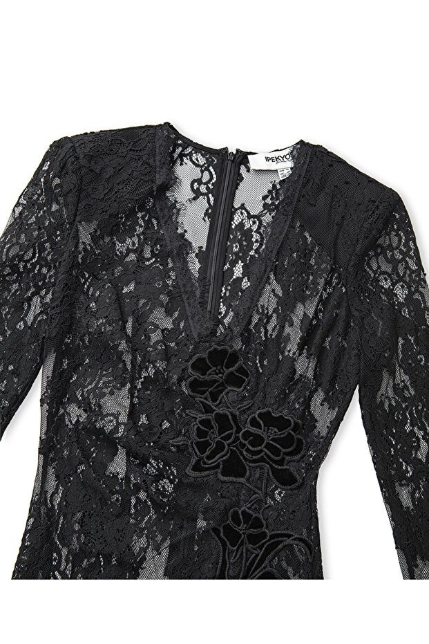 Çiçek aplikeli dantel elbise - 4