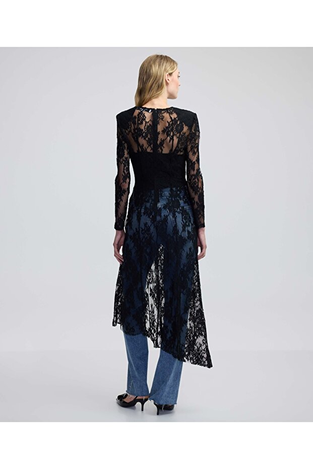 Çiçek aplikeli dantel elbise - 5