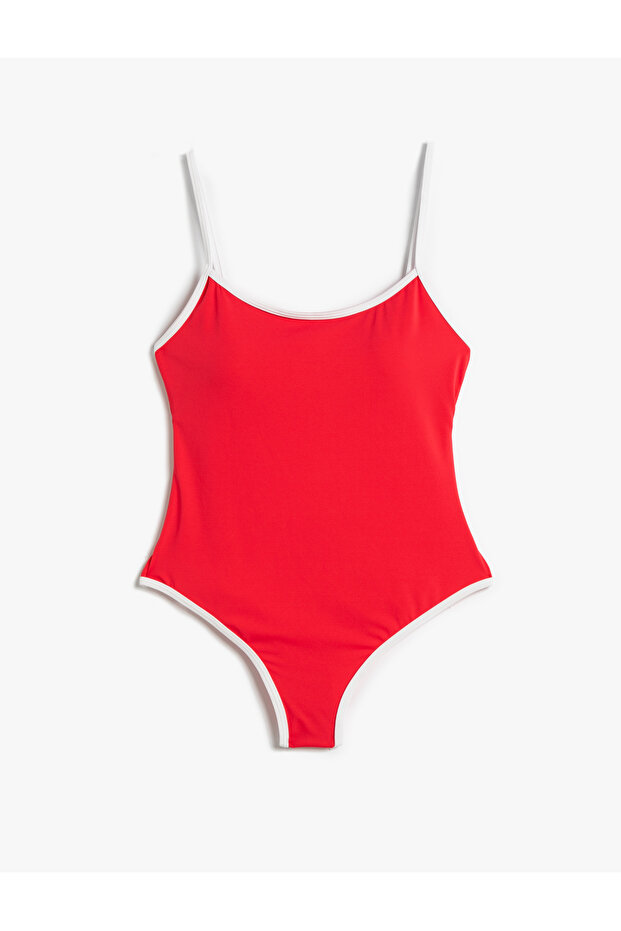 Covered Thin Strap Swimsuit with Piping Detail