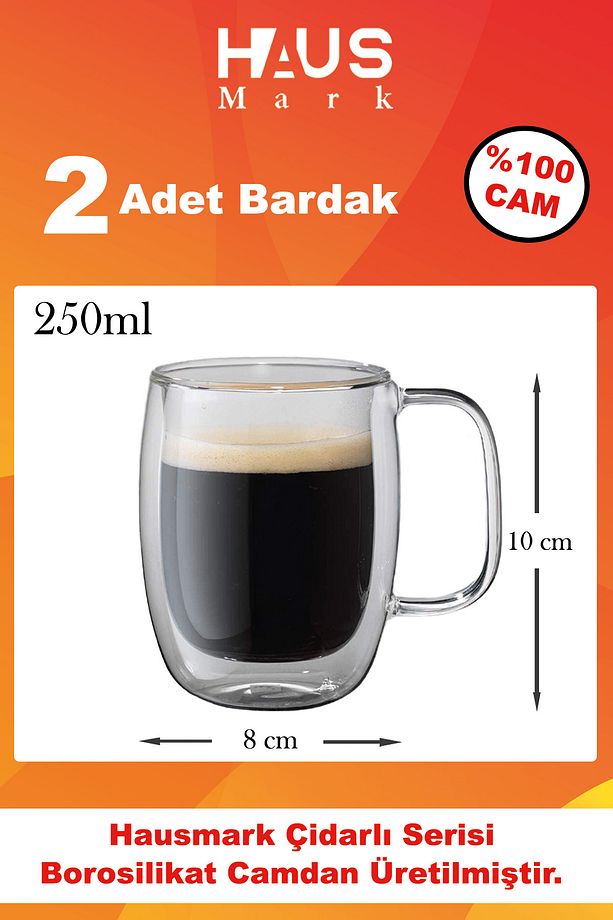 Çift Cidarlı 250 ml Kulplu Kupa Çift Katlı Isı Yalıtımlı Bardak - 1