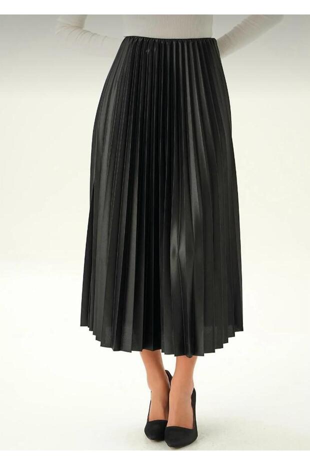 deri görünümlü pliseli etek - 2