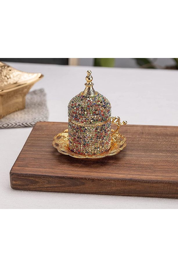 Kahve Fincanı Türk Arap Kahvesi Espresso Fincan Tabağı Taşlı Kristal Set 1 Adet El Yapımı Bakır - 3