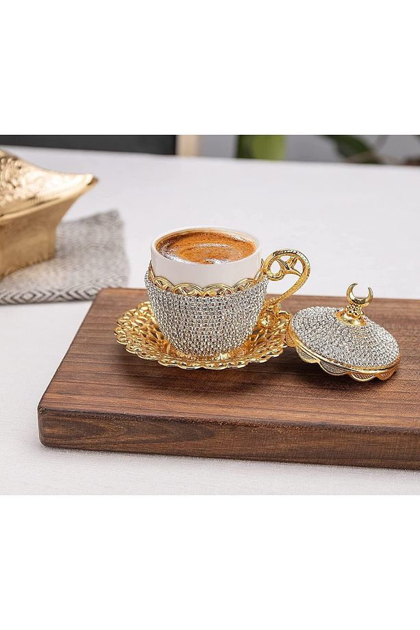 Kahve Fincanı Türk Arap Kahvesi Espresso Fincan Tabağı Taşlı Kristal Set 1 Adet El Yapımı Bakır - 2