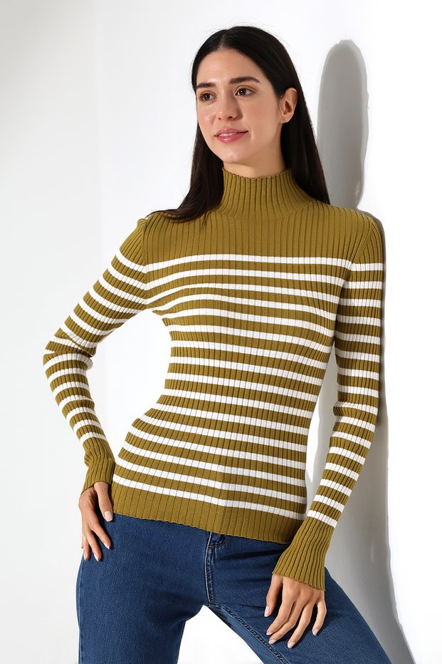Half Turtleneck Striped Knitwear Sweater – Long & Fitted, 100% Viscose, Green-Ecru