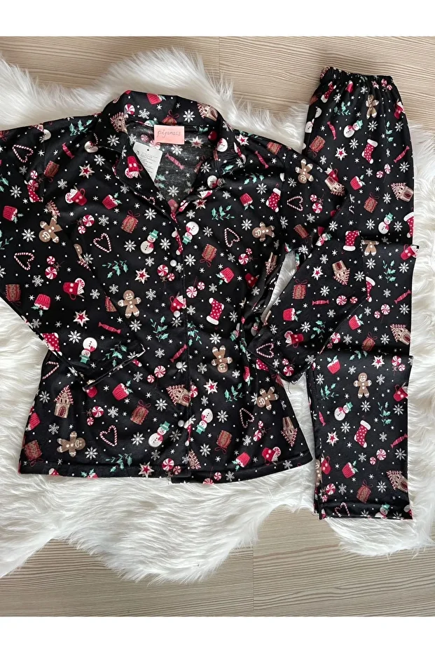 Yılbaşı Desenli Süet Gömlek Yaka Uzun Kol Pijama Takımı - 6
