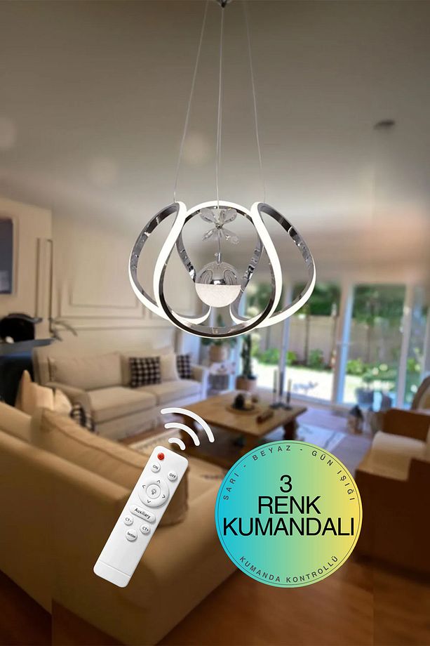 Aydınlatma Kavis Modeli Sarı Kaplama Tek Toplu 3 Renk Modüllü Ledli Avize - 1