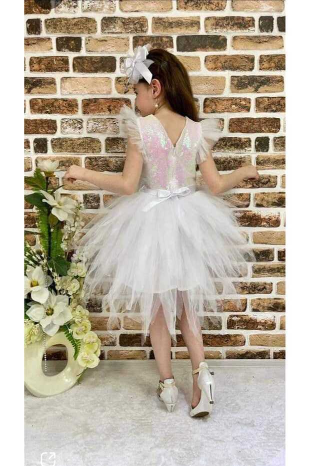 PULLU KIRPIK BEYAZ ABİYE ELBİSESİ - 2