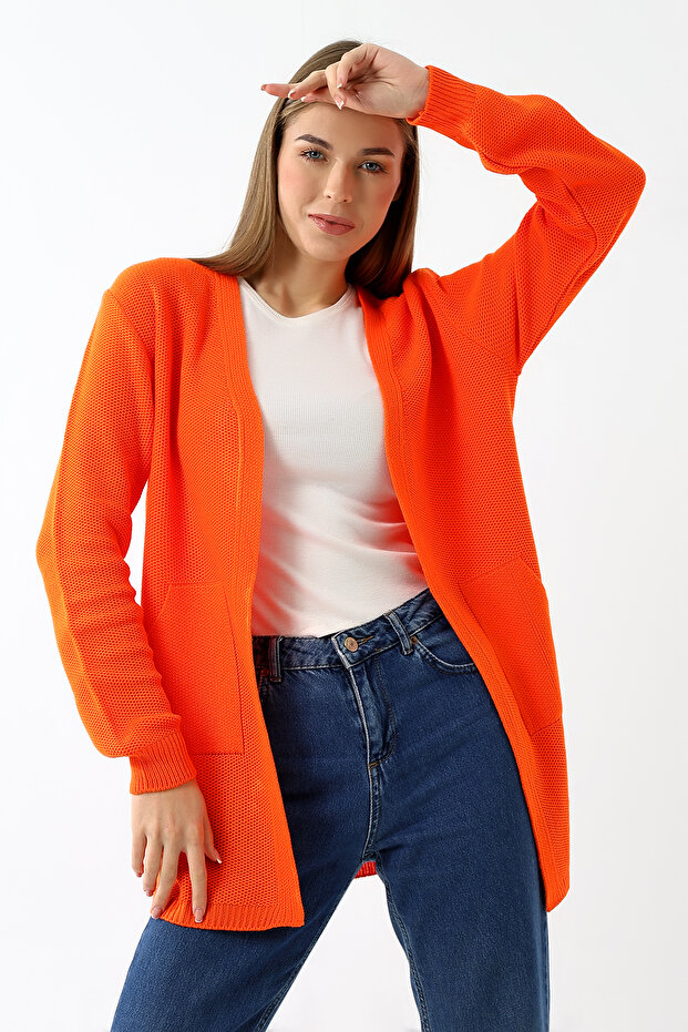 Kadın Turuncu Kanguru Cep Triko Hırka - 1