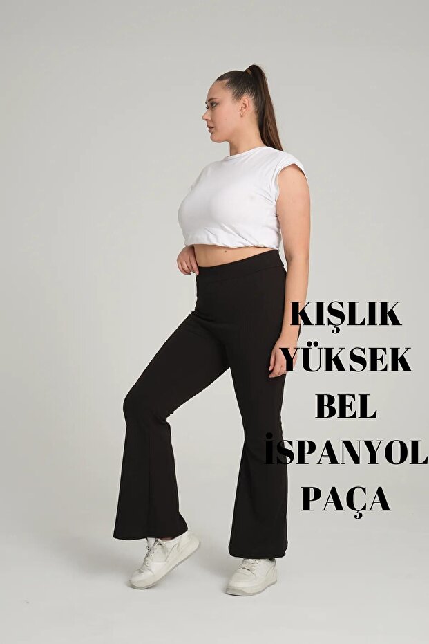 Black Women's Winter Cotton-Lined Plus Size Ribbed Flared Leggings