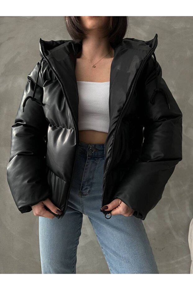 Women's Black Leather Hooded Puffer Coat